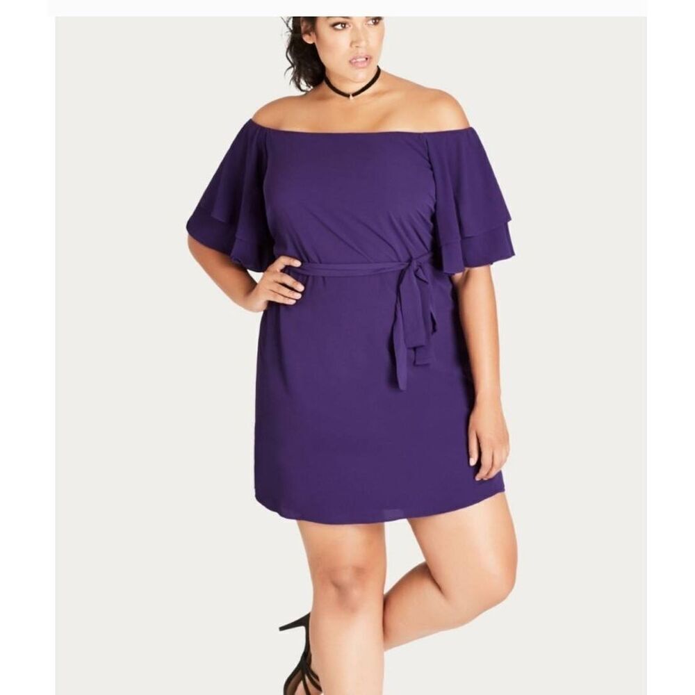 City Chic Womens Purple Off The Shoulder Julliet Tunic Mini Dress Size XS 14